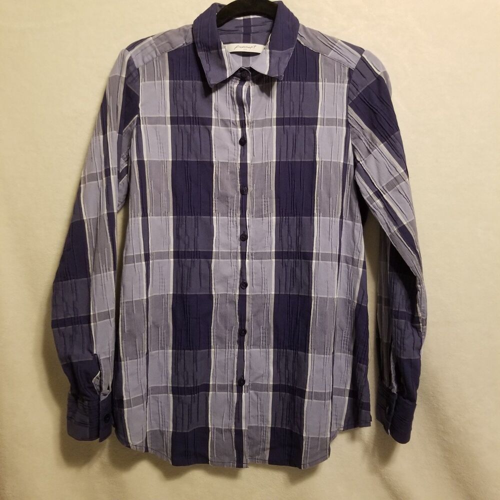 Foxcroft 6 Shirt Top Blue Plaid Long Sleeve Button Up Textured Stretch Classic